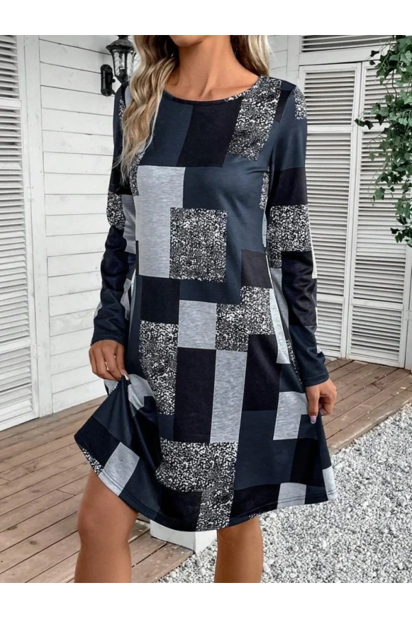 Kadın Uzun Kollu Yuvarlak Yaka Geometrik Süprem Elbise