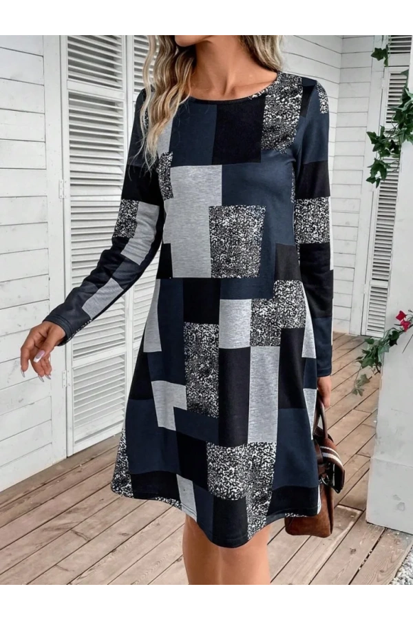 Kadın Uzun Kollu Yuvarlak Yaka Geometrik Süprem Elbise