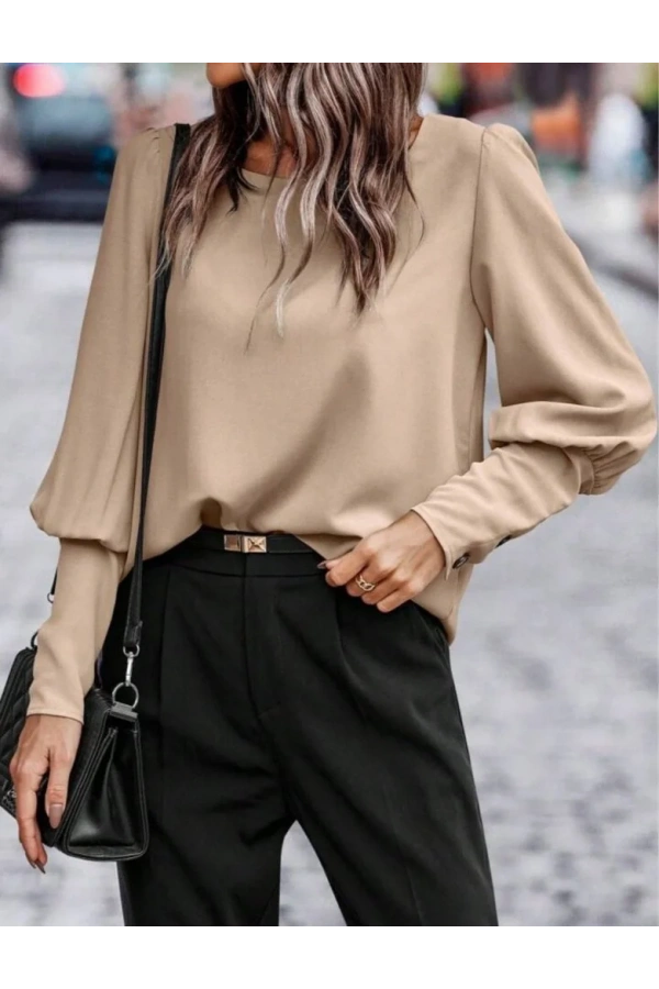 Kadın Uzun Kollu Yuvarlak Yakalı Düğmeli Ithal Krep Bluz