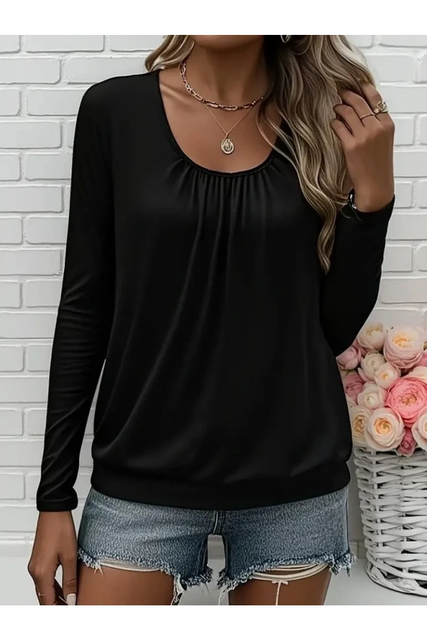 Kadın Uzun Kollu Yuvarlak Yakalı Viskon Bluz