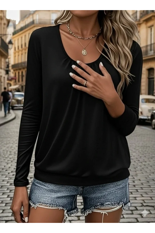 Kadın Uzun Kollu Yuvarlak Yakalı Viskon Bluz