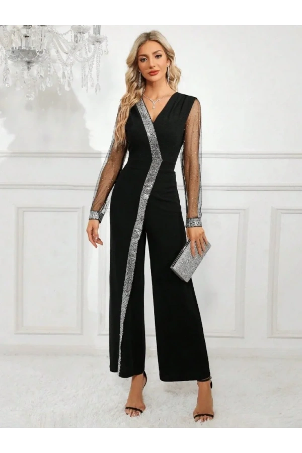 Kadın Uzun V Yakalı önden Pulpayet Detaylı Tüllü Uzun Ithal Krep Tulum