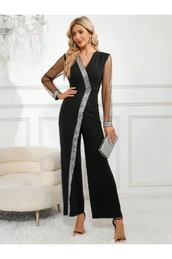 Kadın Uzun V Yakalı önden Pulpayet Detaylı Tüllü Uzun Ithal Krep Tulum