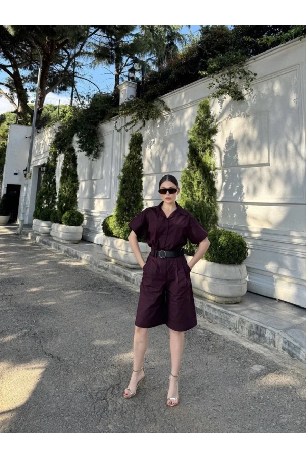 Kadın Yakalı Gömlek Kemerli Şortlu Takım - Bordo