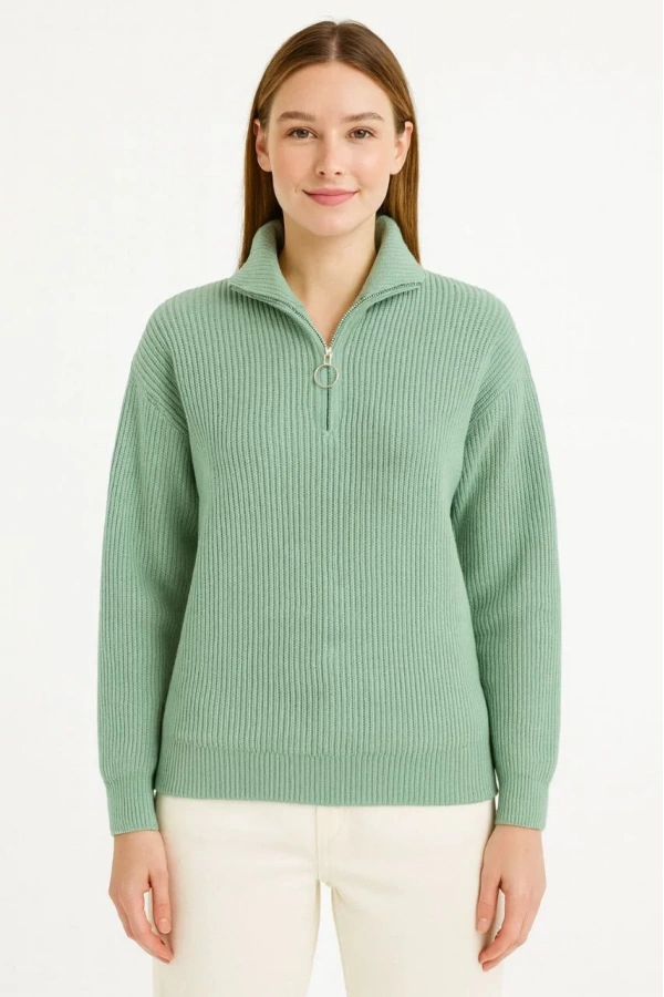 KADIN Yarım Fermuarlı Triko Kazak – Selanik Örgü, Dik Yaka, Pamuklu Dokuma, Oversize Uzun Kollu Kışlık Model - Mint Yeşili