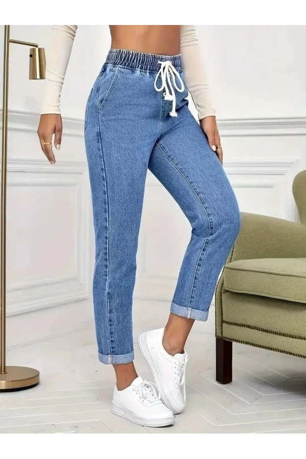 Kadın Yüksek Bel Bağcıklı Kot Pantolon