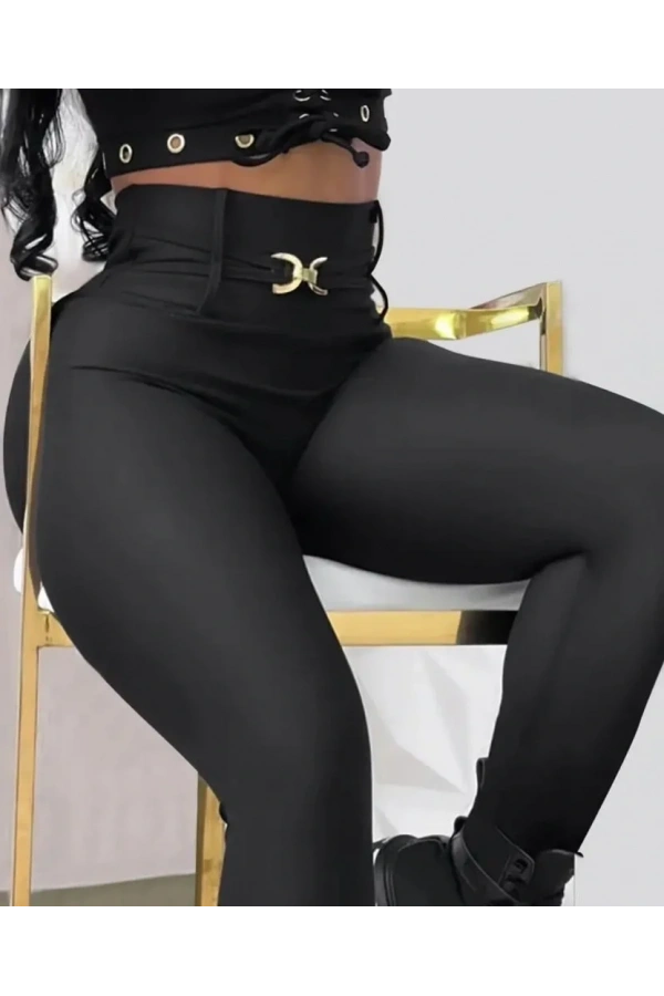 Kadın Yüksek Bel Belden Toka Detaylı Dalgıç Tayt