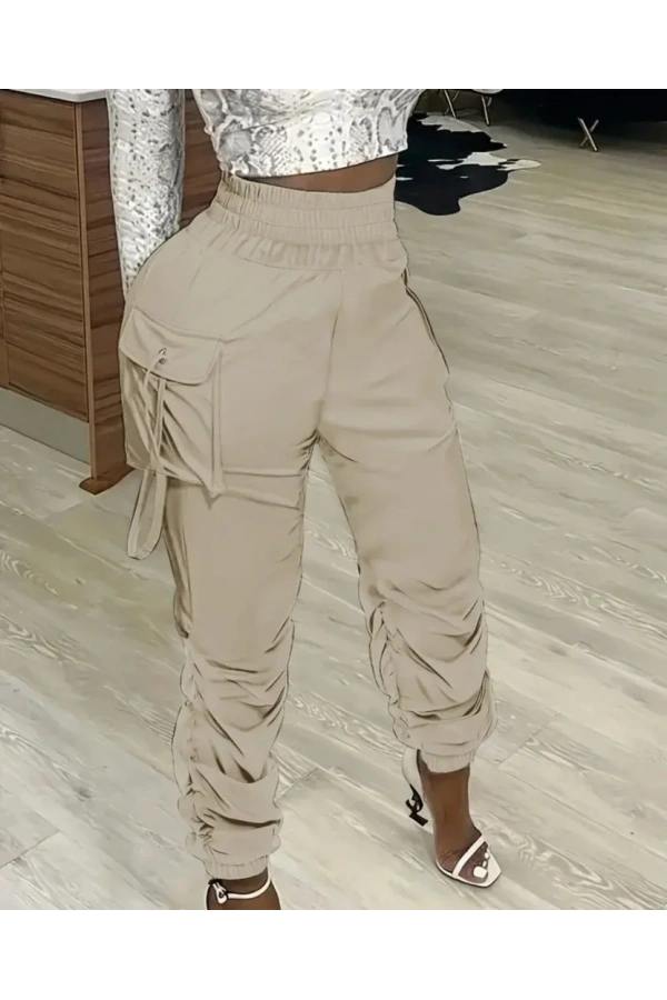 Kadın Yüksek Bel Beli Lastikli Kargo Cep Detaylı Gabardin Pantolon