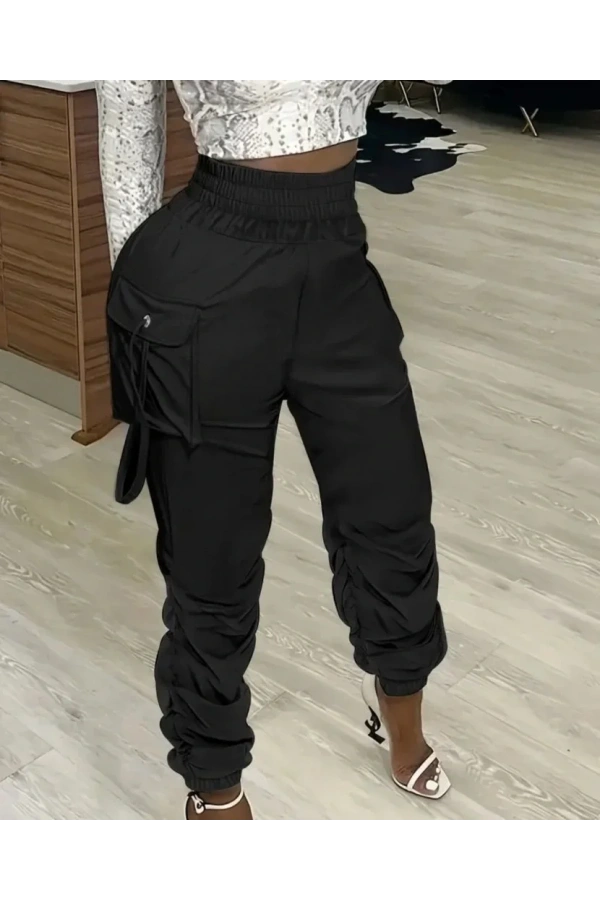 Kadın Yüksek Bel Beli Lastikli Kargo Cep Detaylı Gabardin Pantolon