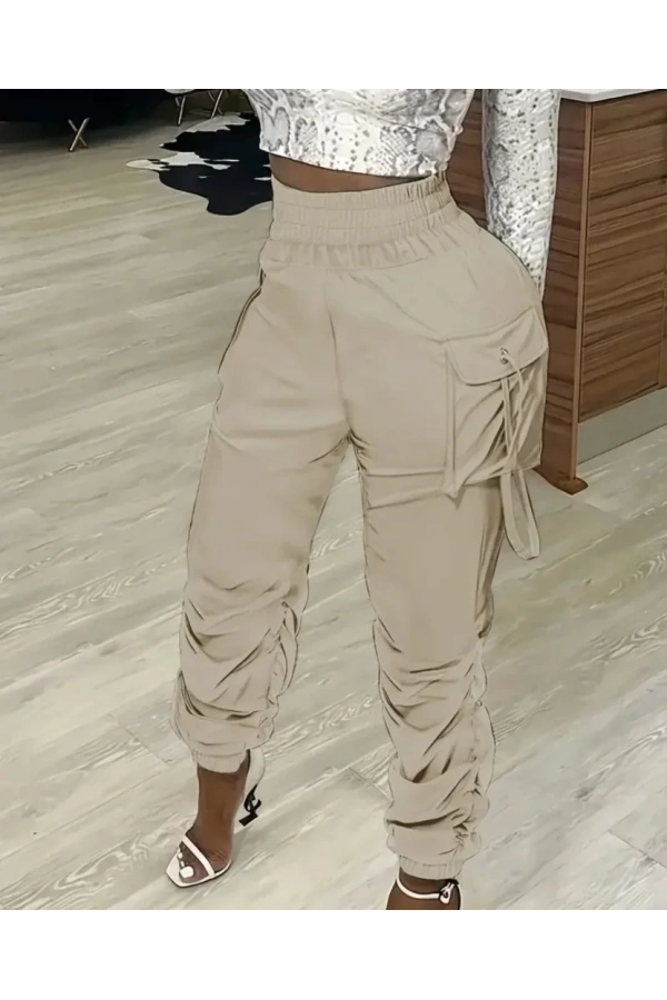 Kadın Yüksek Bel Beli Lastikli Kargo Cep Detaylı Gabardin Pantolon