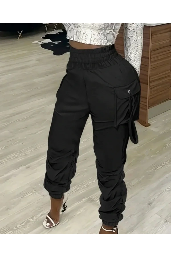 Kadın Yüksek Bel Beli Lastikli Kargo Cep Detaylı Gabardin Pantolon