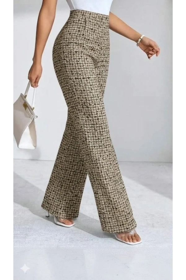 Kadın Yüksek Bel Paçaya Doğru Geniş Dokuma Pantolon