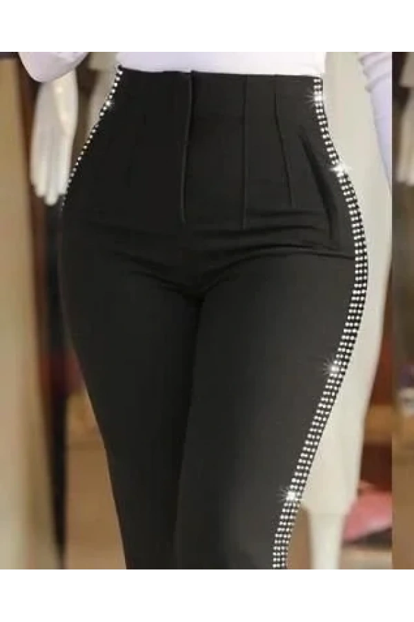 Kadın Yüksek Bel Yanlardan Taş Detaylı Ithal Krep Pantolon