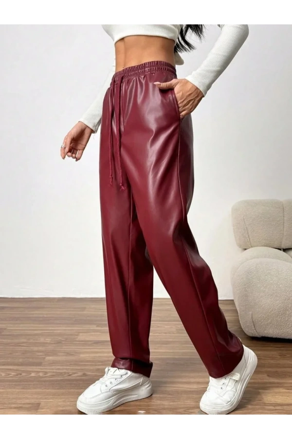 Kadın Yüksel Bel Bağcıklı Deri Pantolon