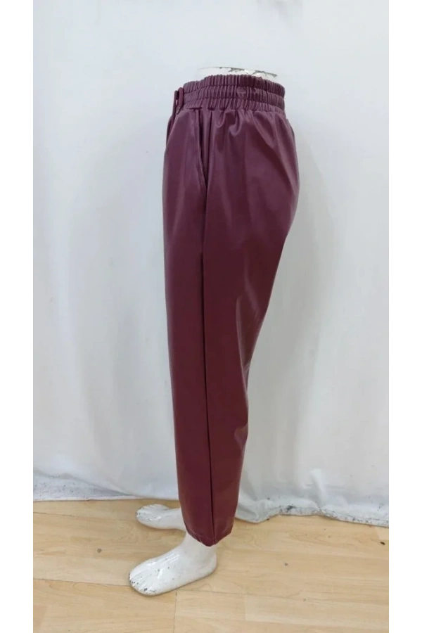 Kadın Yüksel Bel Bağcıklı Deri Pantolon