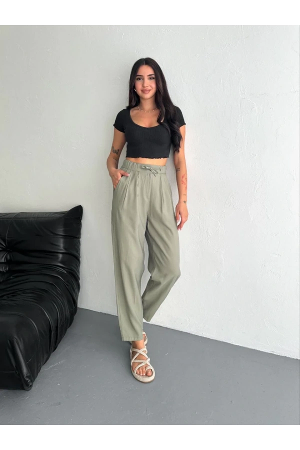 Kadın Yüksel Bel Beli Bağcıklı Cepli Rahat Paça Pantalon - Su Yeşili