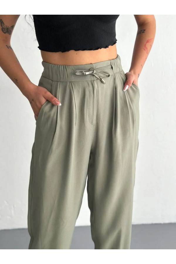 Kadın Yüksel Bel Beli Bağcıklı Cepli Rahat Paça Pantalon - Su Yeşili