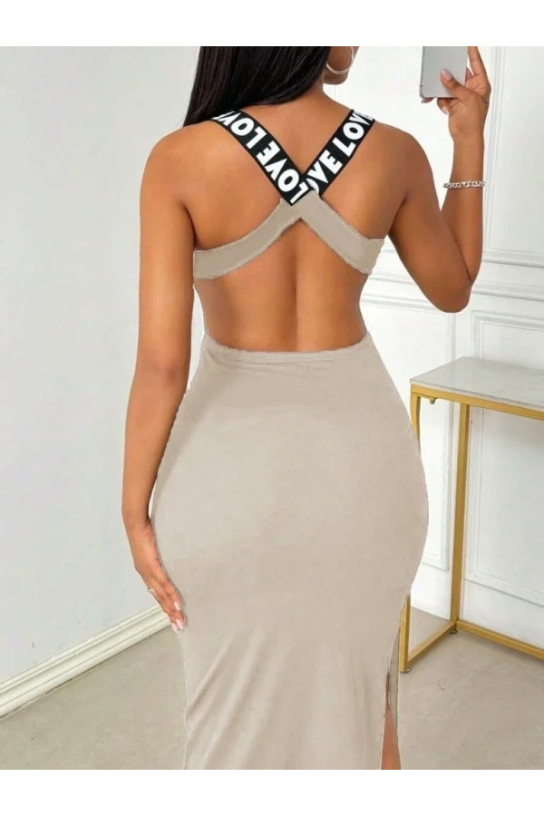 Kadın Yuvarlak Yaka Sırttan çapraz şerit Love Detaylı Yırtmaçlı Viskon Elbise