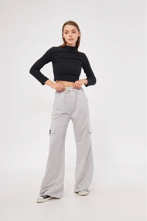 Kargo Cepli Palazzo Oversize Kesim İki iplik Bol Paça Eşofman Altı Pantalon - Gri