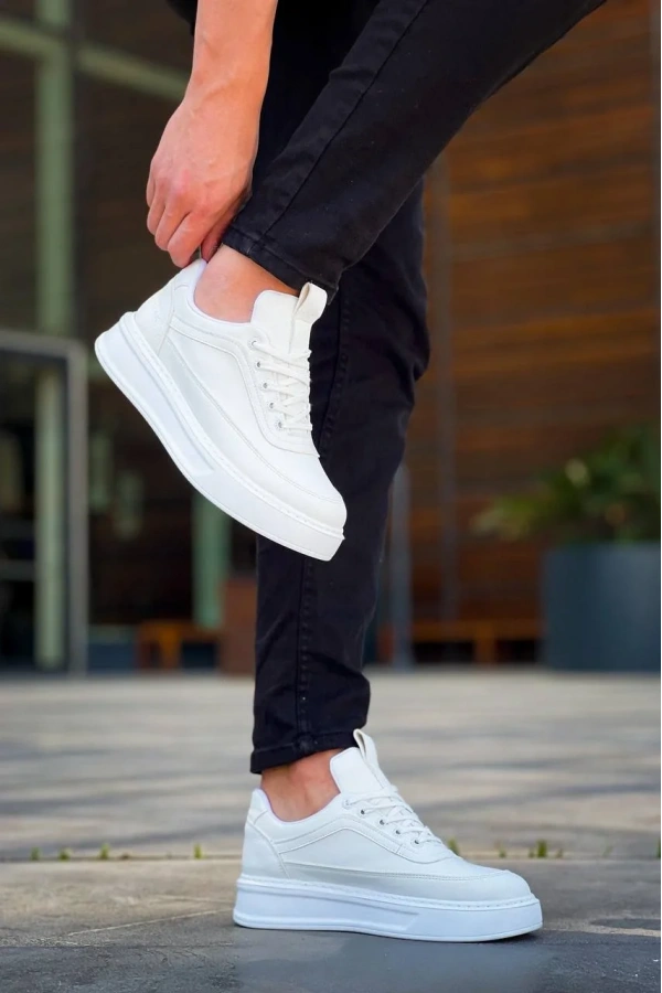 KB-006 Kuback Beyaz Cilt  Yüksek Taban Bağcıklı Günlük Erkek Ayakkabı