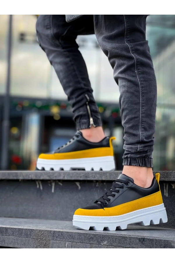 KB-056 Kuback Siyah Sarı Detaylı Beyaz Yüksek Taban Günlük Spor Ayakkabı