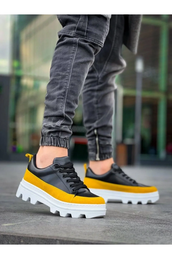 KB-056 Kuback Siyah Sarı Detaylı Beyaz Yüksek Taban Günlük Spor Ayakkabı