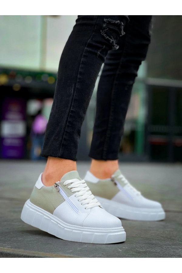 KB-X155 Kuback Beyaz Cilt Gri Süet Detaylı Beyaz Yüksek Taban Günlük Spor Ayakkabı
