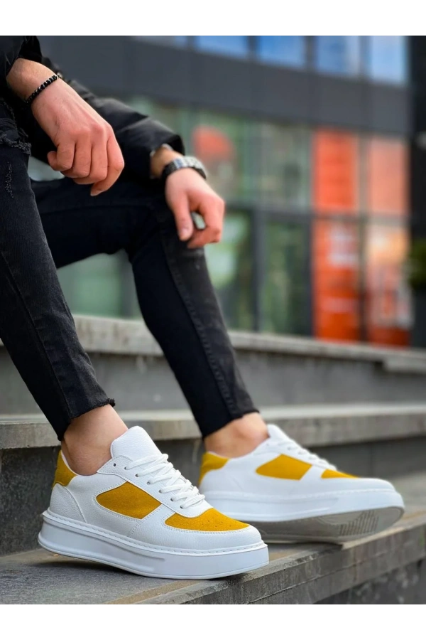 KB-X8 Kuback Beyaz Cilt Sarı Süet Detaylı Beyaz Yüksek Taban Günlük Spor Ayakkabı