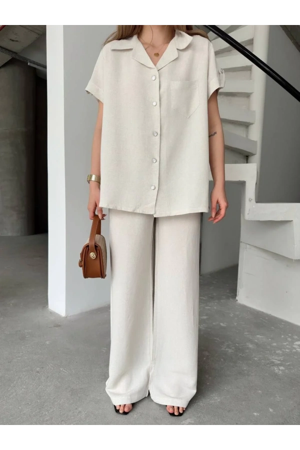 Keten Kısa Kollu Cepli Gömlek Pantolon ikili Takım - Beyaz