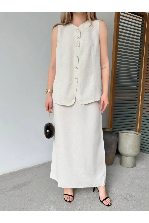 Keten Kolsuz Sıfır Yaka İlik Düğmeli Kolsuz Hırka Etek ikili Takım- Beyaz