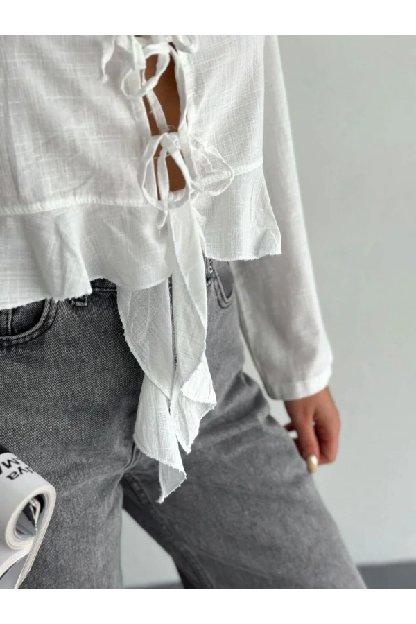 Keten Uzun Kol Bağacık Detaylı Bluz - Beyaz
