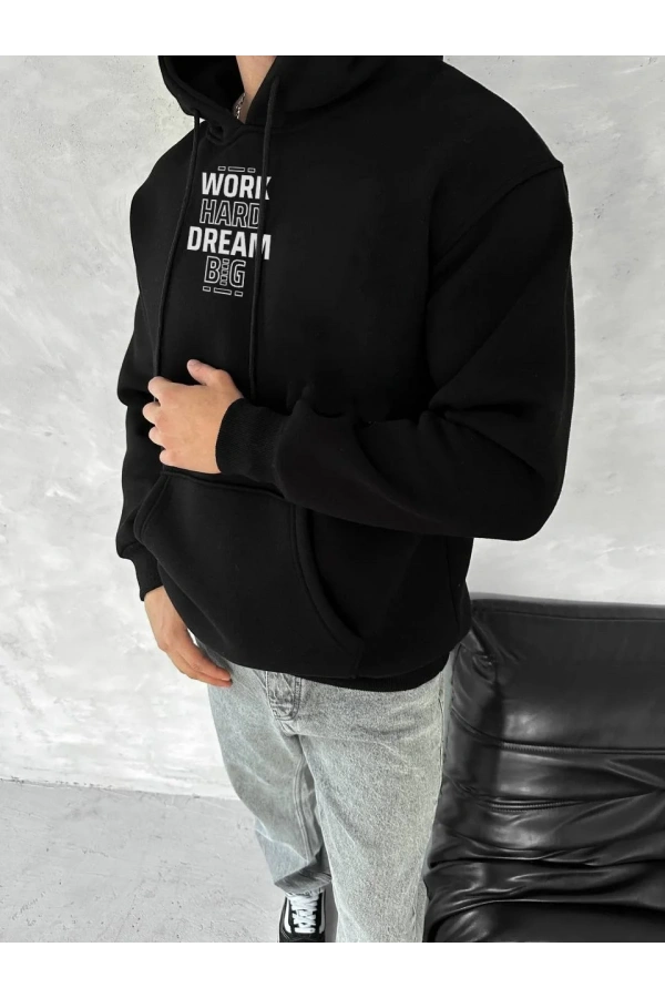 Kışlık Üç İplik Kapüşonlu SweatShirt - Siyah