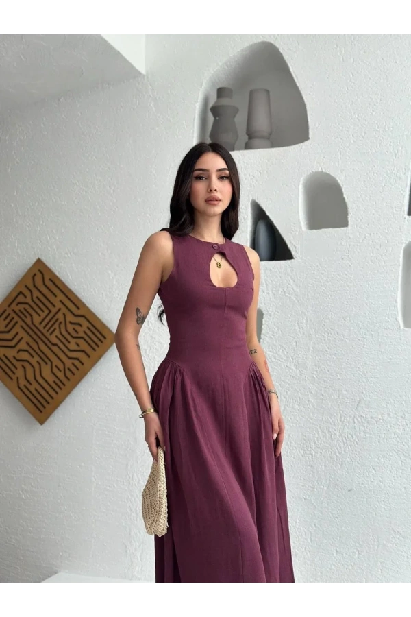 Kolsuz Uzun Kabardin Elbise - Bordo