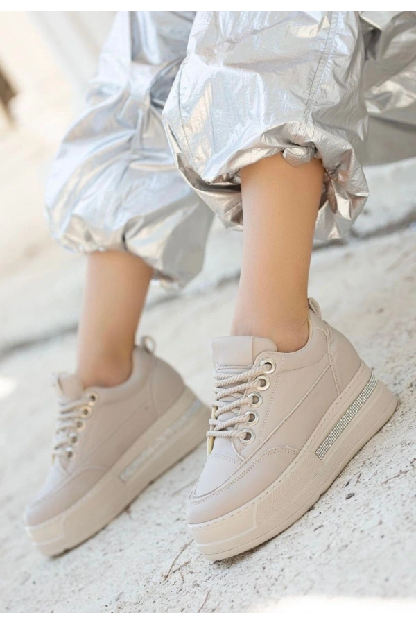Lulu Bej Cilt Bağcıklı Spor Ayakkabı