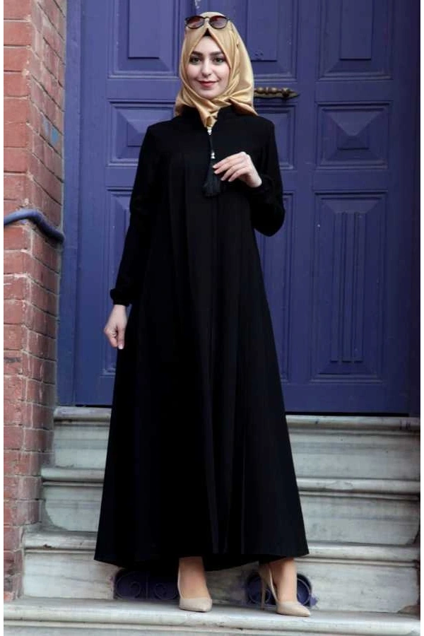 Medine İpeği Tesettür Pile Detaylı Ferace MDC-0165 Siyah