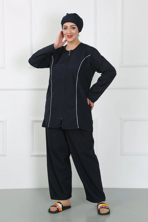 Moda Çizgi Büyük Beden Tesettür Büyük Mayo Lacivert 44010