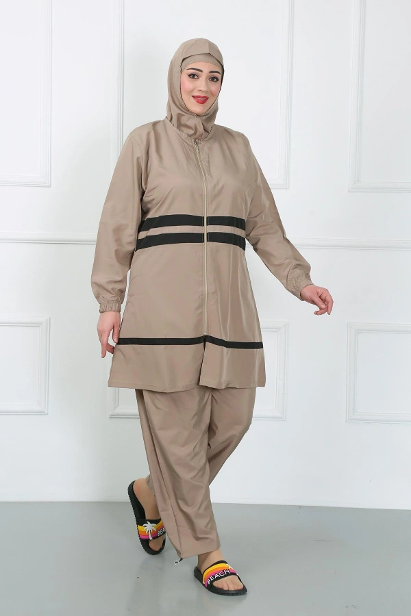 Moda Çizgi Büyük Beden Tesettür Mayo Bej 44020
