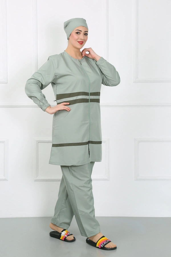 Moda Çizgi Büyük Beden Tesettür Mayo Su Yeşili 44020