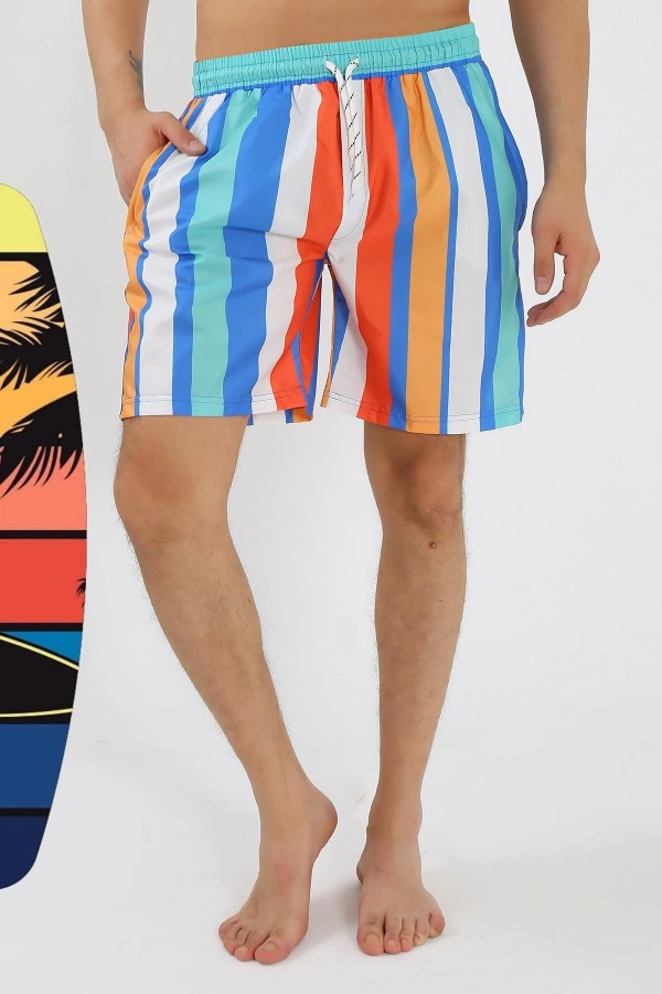 Moda Çizgi Erkek Desenli Fermuar Cepli Deniz Şortu Mavi 27526