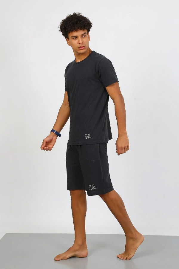 Moda Çizgi Erkek Pamuk Lakost Alt Üst Kaprili Pijama Takım Füme 6872