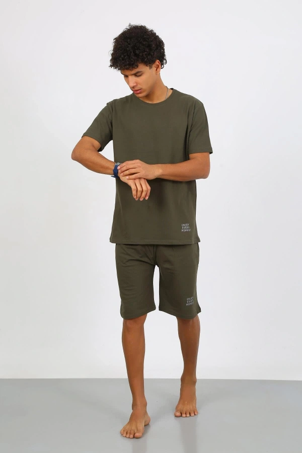 Moda Çizgi Erkek Pamuk Lakost Alt Üst Kaprili Pijama Takım Haki 6872