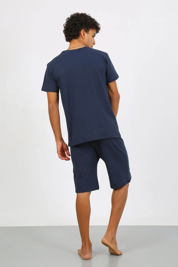 Moda Çizgi Erkek Pamuk Lakost Alt Üst Kaprili Pijama Takım Lacivert 6872