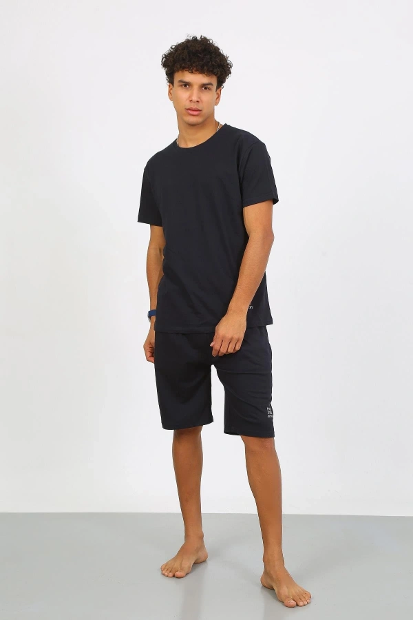 Moda Çizgi Erkek Pamuk Lakost Alt Üst Kaprili Pijama Takım Lacivert 6874