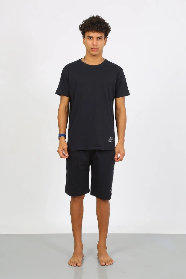 Moda Çizgi Erkek Pamuk Lakost Alt Üst Kaprili Pijama Takım Lacivert 6874