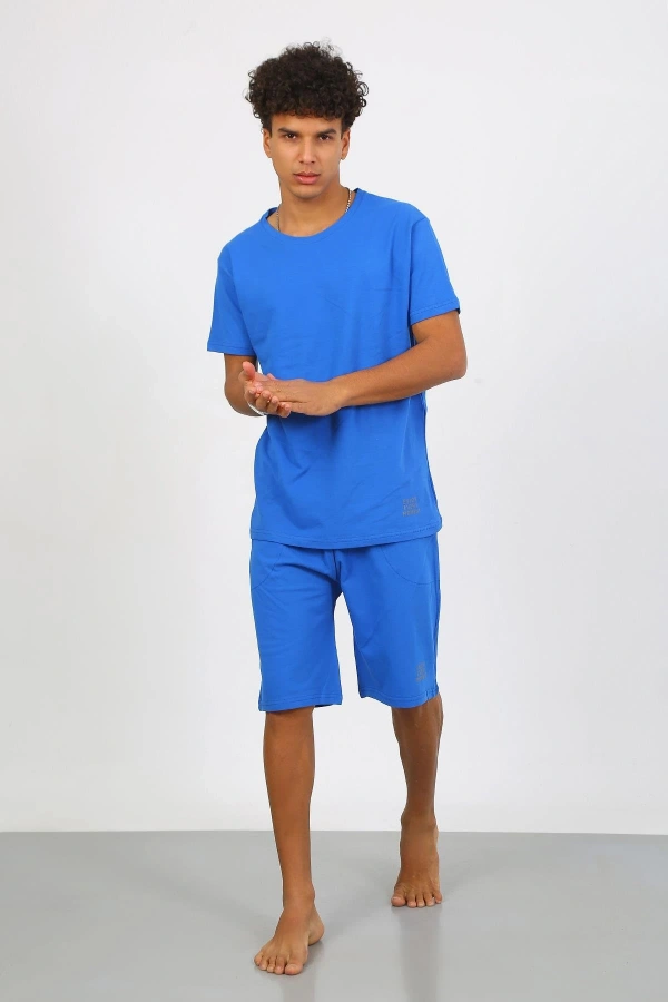 Moda Çizgi Erkek Pamuk Lakost Alt Üst Kaprili Pijama Takım Saks 6872