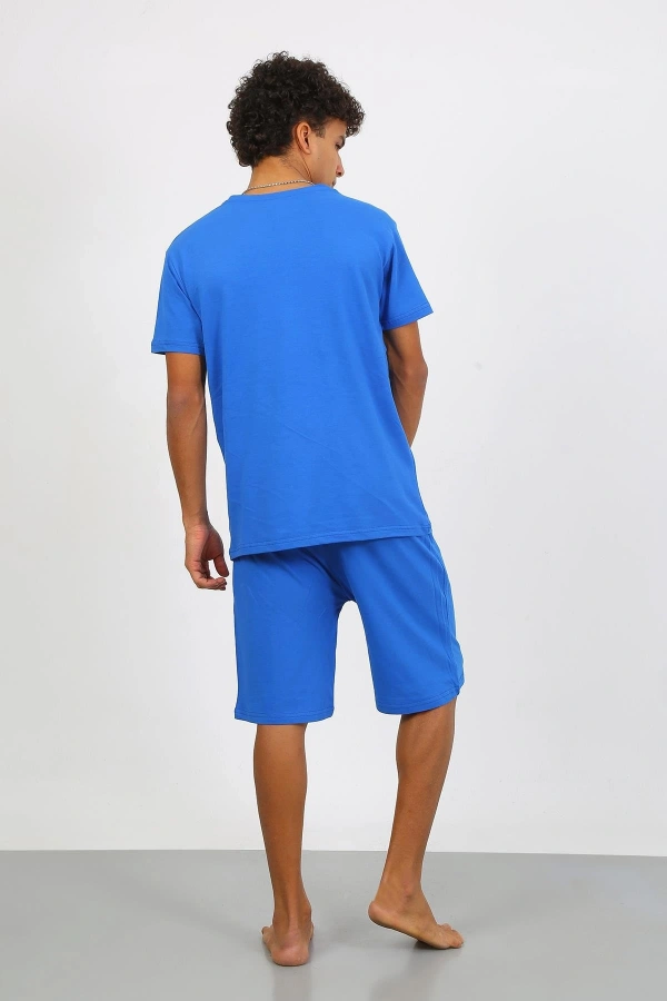 Moda Çizgi Erkek Pamuk Lakost Alt Üst Kaprili Pijama Takım Saks 6872