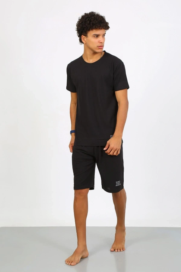 Moda Çizgi Erkek Pamuk Lakost Alt Üst Kaprili Pijama Takım Siyah 6872