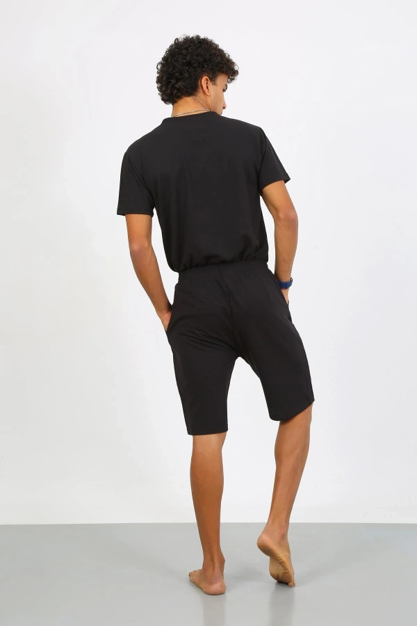 Moda Çizgi Erkek Pamuk Lakost Alt Üst Kaprili Pijama Takım Siyah 6872