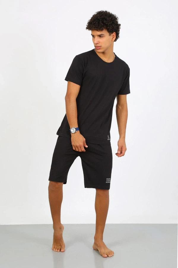 Moda Çizgi Erkek Pamuk Lakost Alt Üst Kaprili Pijama Takım Siyah 6872