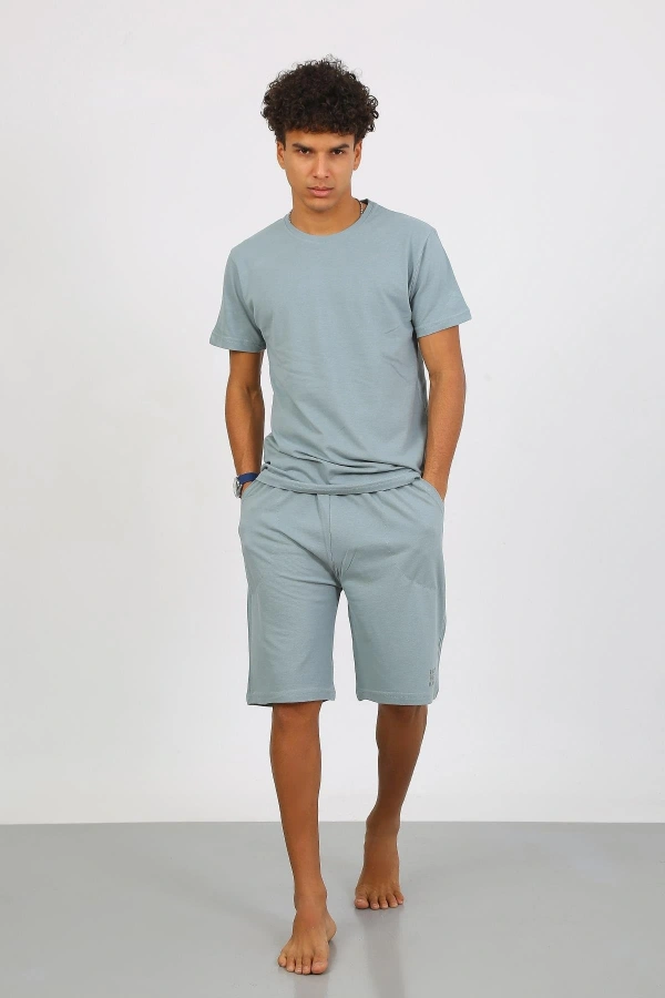 Moda Çizgi Erkek Pamuk Lakost Alt Üst Kaprili Pijama Takım SuYeşili 6872